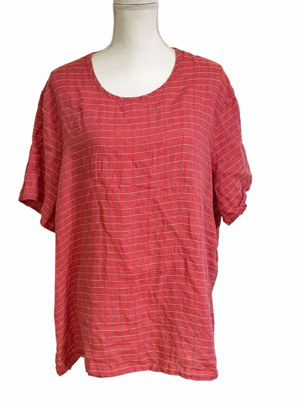 Flax Linen Top Women’s 1X Soft Red Windowpane Plaid Short Sleeve Lagenlook Boho
